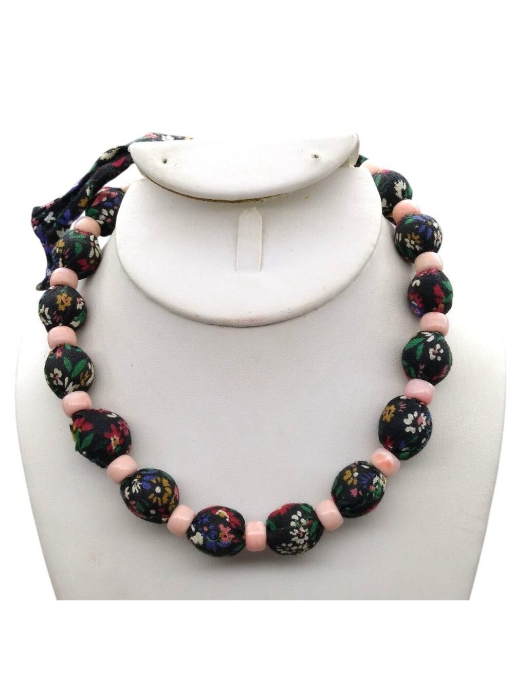 Cottagecore Fabric Covered Beads Necklace, Vintage Black Floral Cloth with Pink